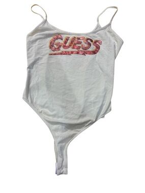 Guess White Spaghetti-Strap Bodysuit with Pink Floral Logo